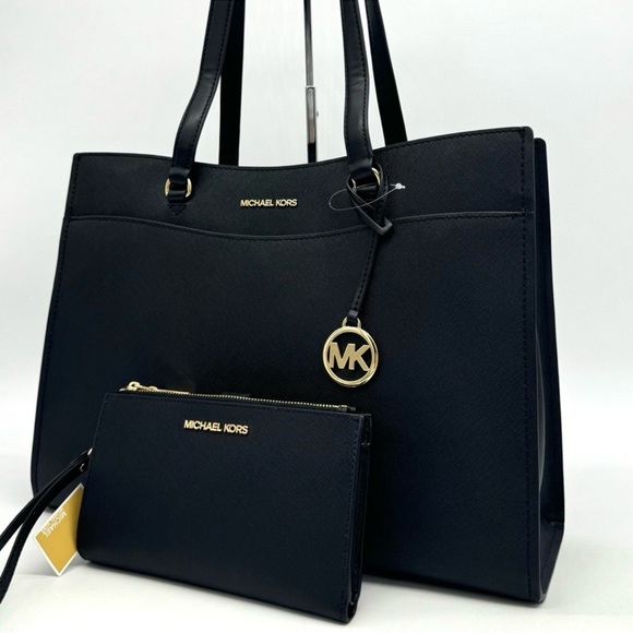 Michael Kors Large MF Pocket Shoulder Tote Bag & Double Zip Wallet Black/Gold